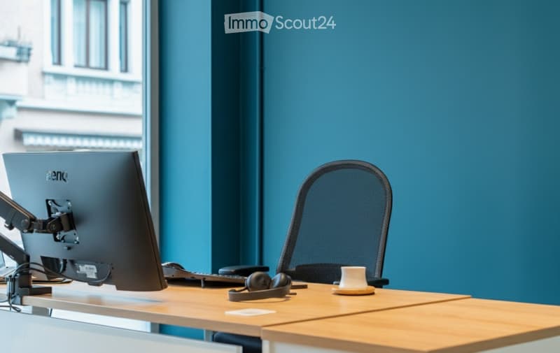 Contemporary office desk setup with a chair, monitor, keyboard, and mouse, small cup, and headphones.