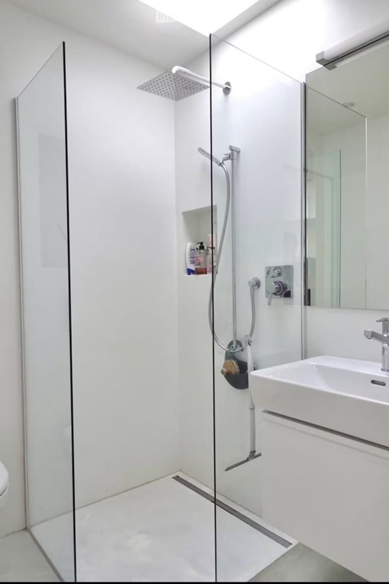 Modern bathroom with a glass-enclosed shower, a white sink with a chrome faucet, and a large mirror above the sink.