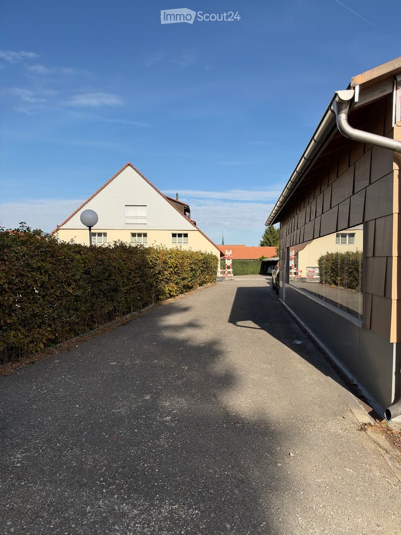 A narrow driveway leading to a residential area with houses on either side, surrounded by greenery and a clear blue sky.