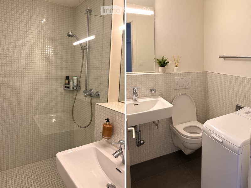 Modern bathroom with a bathtub, shower, sink, and toilet. Features a large mirror, towel rack, and decorative plant and candles on the counter.