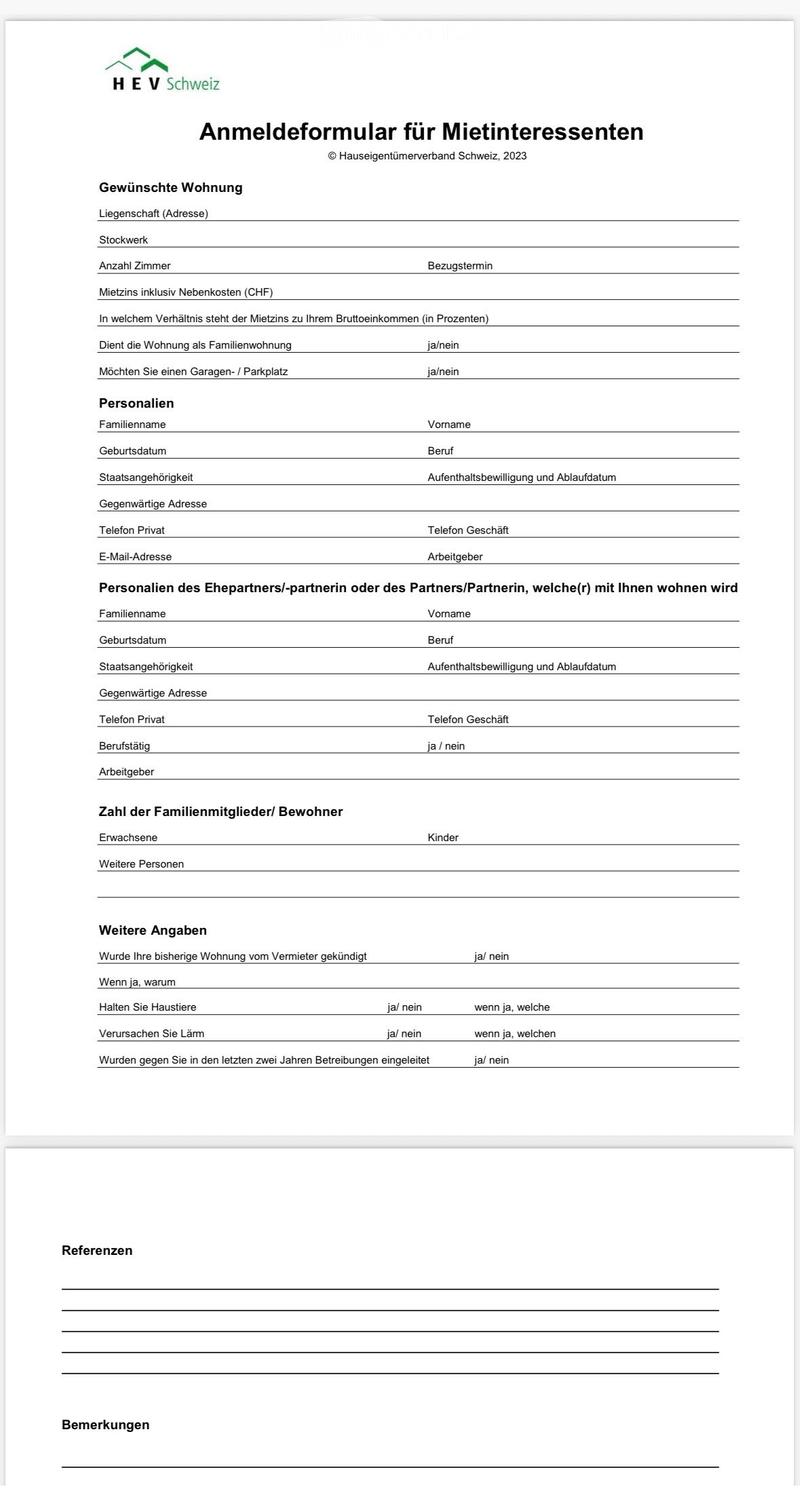 Rental interest form with fields for desired housing, personal information, partner details, family members, and additional notes.