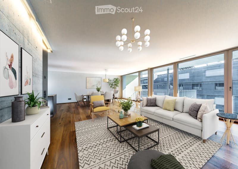 Modern living room with white sofa, wooden coffee table, yellow armchair, dining area with chairs and table, large windows, and decorative plants.