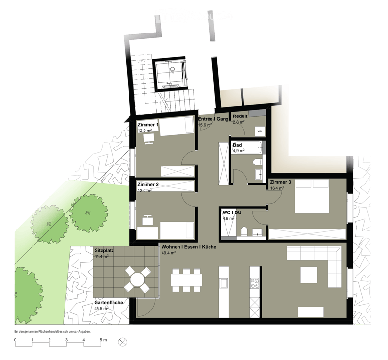 Floor plan of a 3-room apartment with a living/dining/kitchen area, three bedrooms, a bathroom, a WC, a hallway, and a small outdoor seating area with a garden.