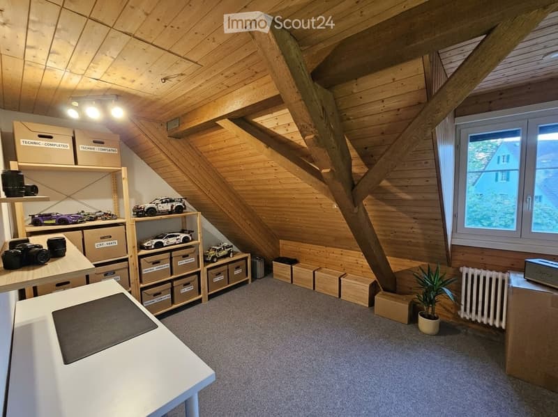 Loft-style room with wooden beams, exposed ceiling, large window, shelves with toy cars, cameras, and storage boxes, a small table with a laptop, and a potted plant.