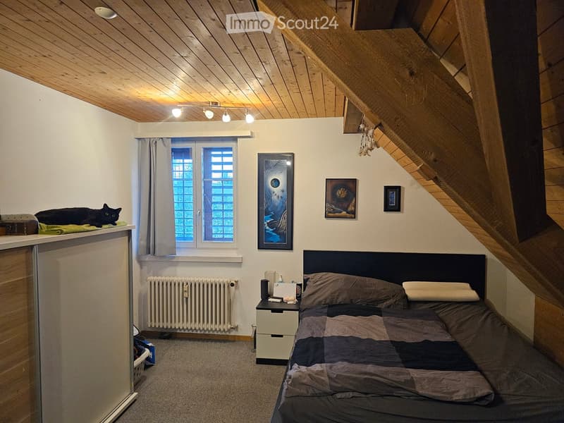 Cozy attic bedroom with wooden slanted ceilings, a double bed with a dark headboard, nightstand, radiator, and a cat resting on a shelf.