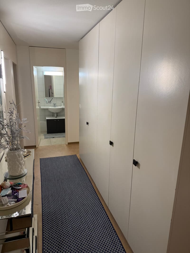 A narrow hallway with light-colored walls, a patterned blue carpet, and built-in white wardrobes. A small table with a vase and items sits on the left, and an open door leads to a bathroom with a sink, mirror, and dark cabinets.