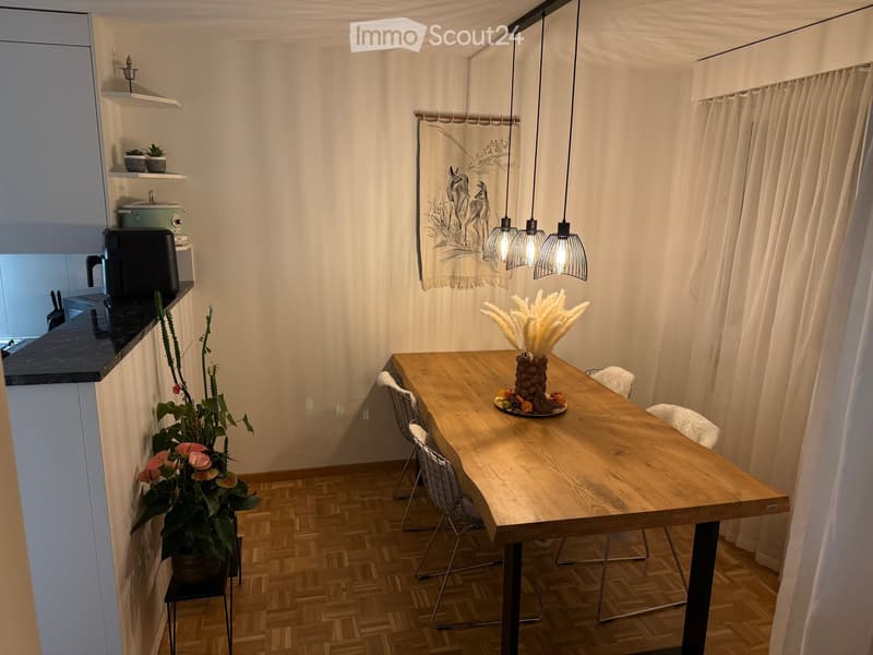 A small, well-lit dining area with a wooden table, chairs, pendant lights, and a decorative plant. The area is adjacent to a kitchen with a countertop and appliances.