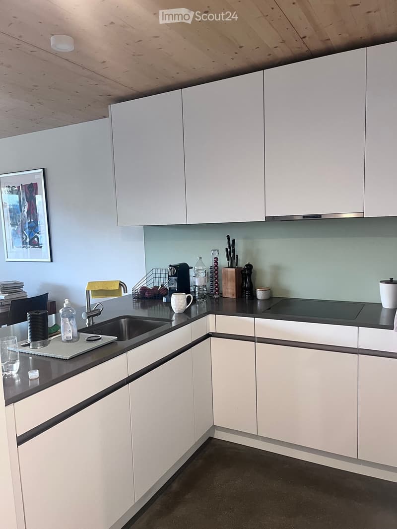 Modern kitchen with white cabinets, dark countertops, and various appliances and items on the counter, including a sink, faucet, cup, bottle, knife block, and a picture frame on the wall.