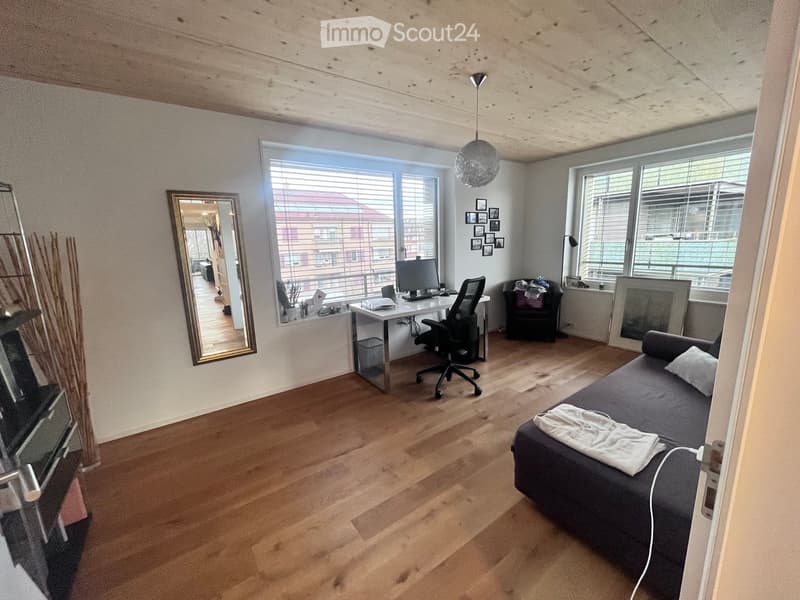 A modern, multi-functional room with a sofa, desk, office chair, computer, and a large mirror. The room features wooden flooring, large windows with blinds, and a hanging spherical lamp.