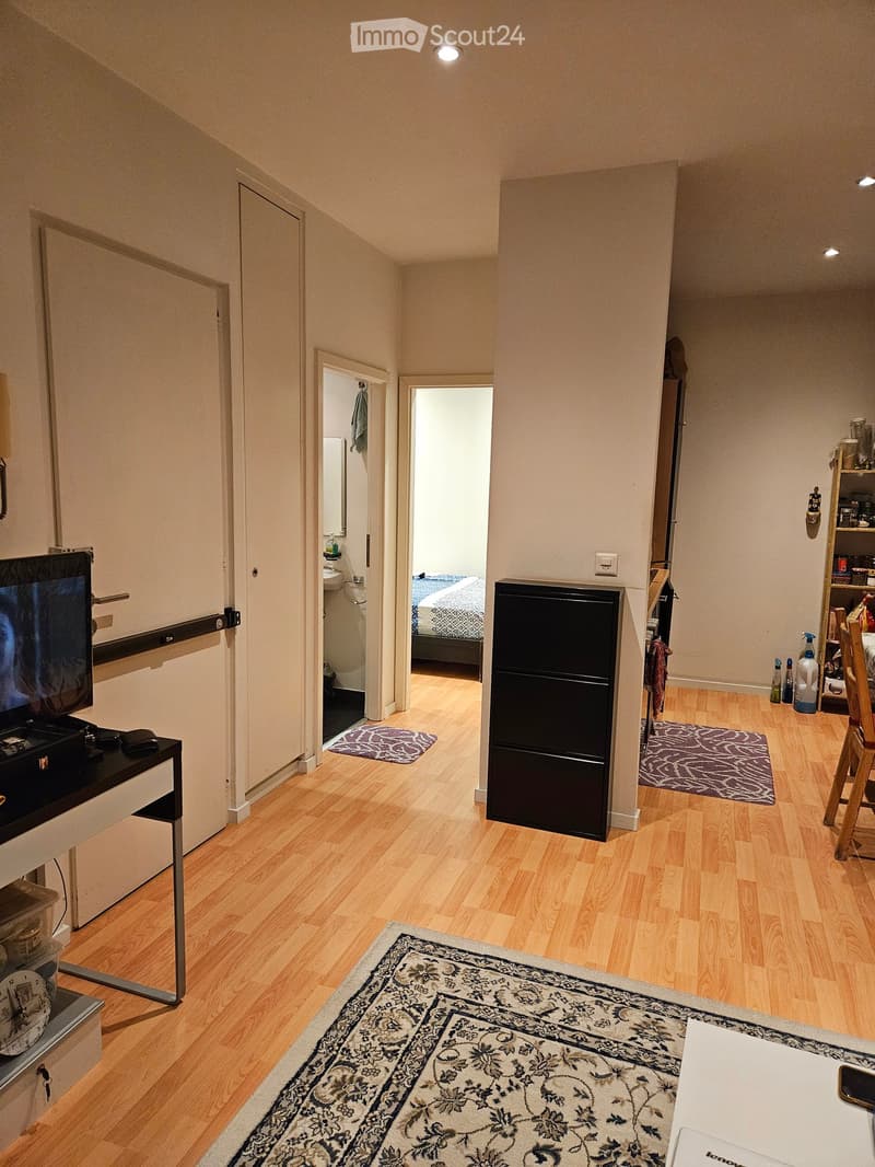 A furnished room with wooden flooring, a large patterned rug, a black refrigerator, a table with a laptop, a shelf with various items, and a TV on a stand. The room has several doors leading to other spaces, including a bathroom and a bedroom.