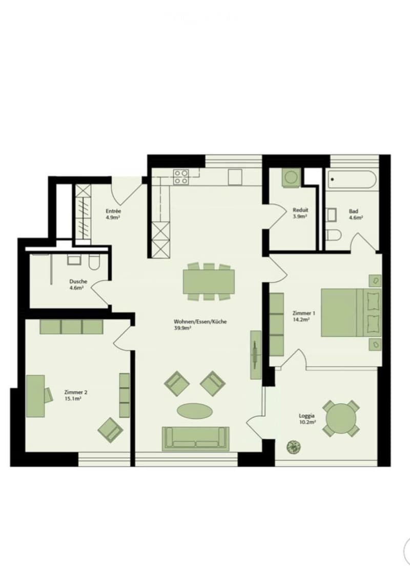 Floor plan of a 2-bedroom apartment with living/dining/kitchen area, two bedrooms, bathroom, and loggia.