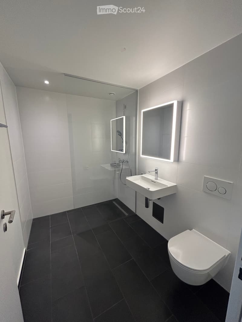 Modern bathroom with black tiled floor, white walls, a sink with a modern faucet, a toilet, a shower with a glass enclosure, and illuminated mirrors.