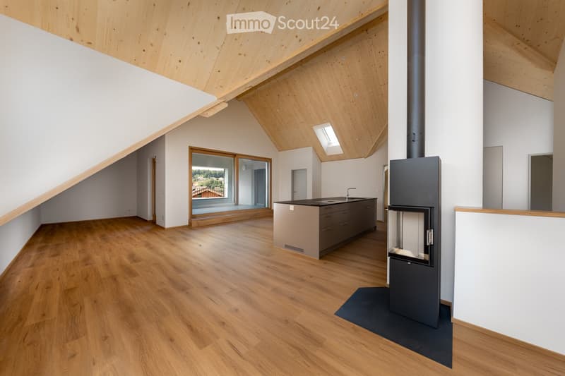 Open-plan kitchen and living area with wooden flooring, modern kitchen island, sink, and a sleek black fireplace.