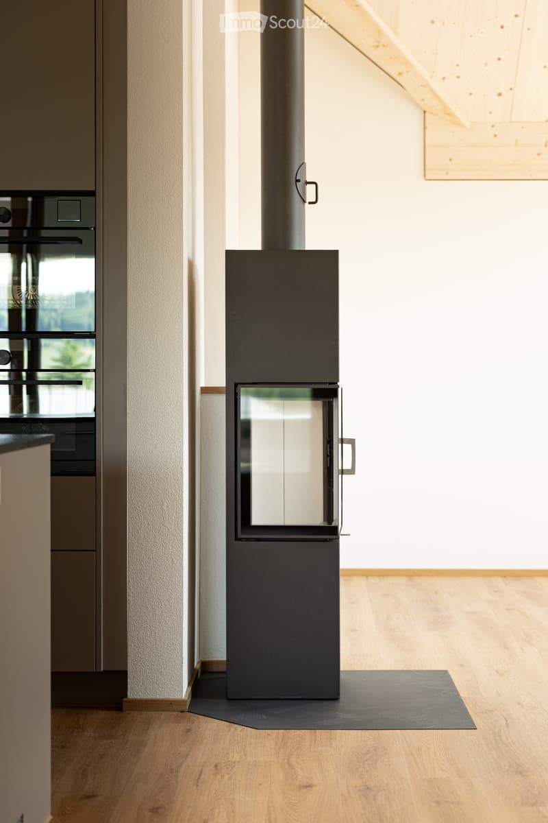 Modern hallway with wooden flooring, a sleek black fireplace, and a built-in oven in the background.