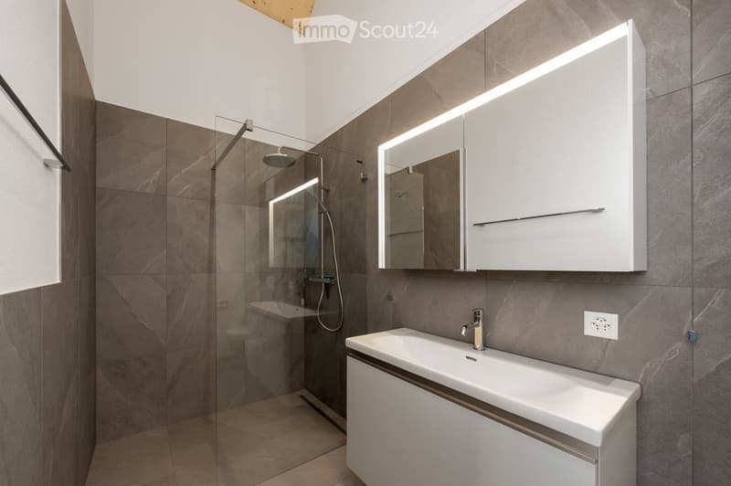 Modern bathroom with a white sink, mirror with built-in lighting, glass-enclosed shower, and sleek fixtures.