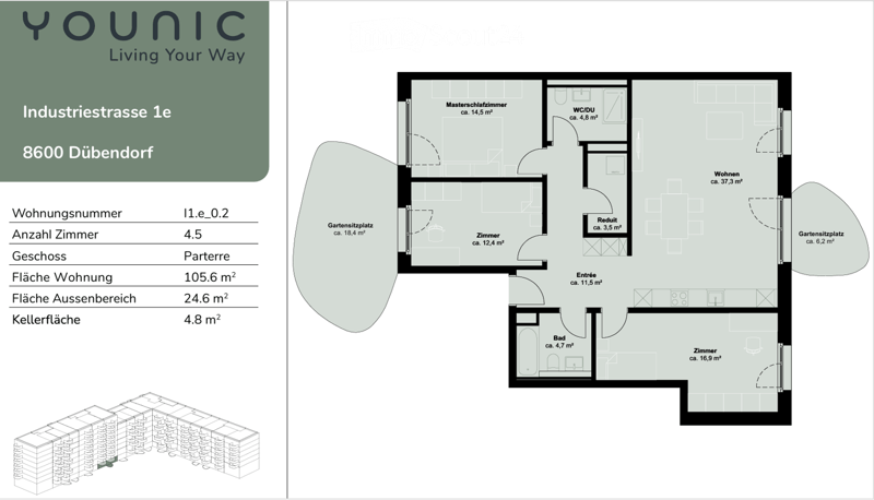 Floor plan of a 4.5-room apartment on the ground floor, including a master bedroom, living room, two bedrooms, bathroom, WC/DU, and two garden seating areas.