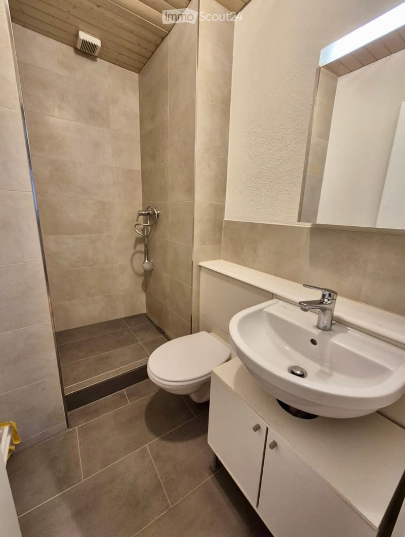 Modern bathroom with beige tiled walls, a white toilet, a sink with a chrome faucet, and a built-in cabinet.