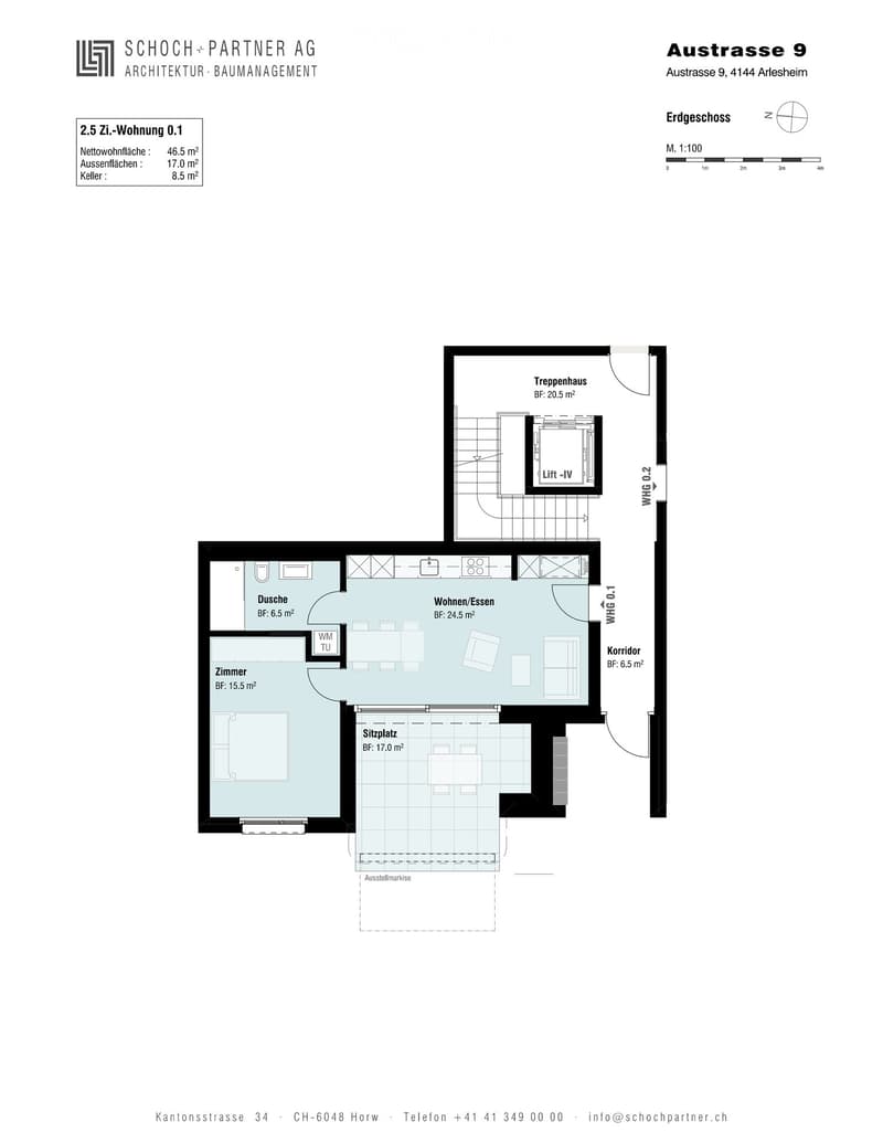 Floor plan of a 2.5-room apartment with living/dining area, bedroom, bathroom, hallway, and staircase.
