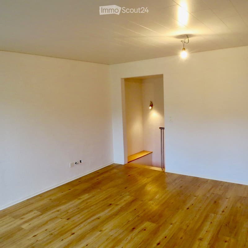 empty room, wooden floor, white walls, small bench, light fixture