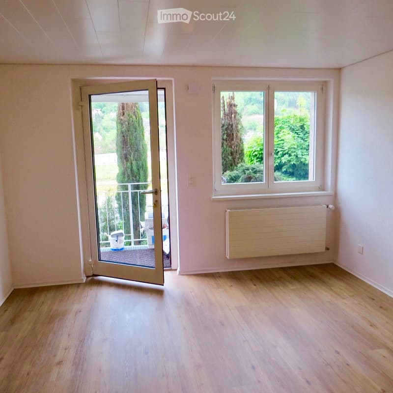 empty room, wooden floor, white walls, glass door, balcony, window, radiator