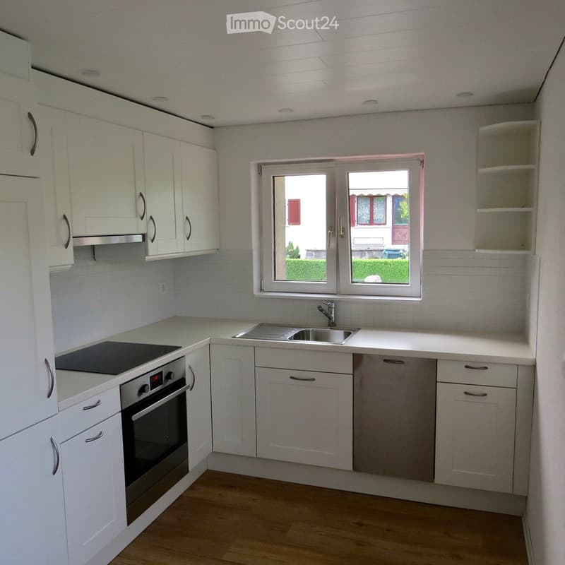 modern kitchen with white cabinets, wooden floor, stainless steel sink, dishwasher, oven, window