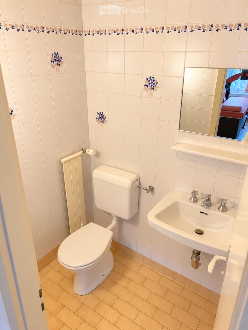 A small bathroom with white tiled walls, a toilet, a sink with a mirror above it, and a radiator on the wall.