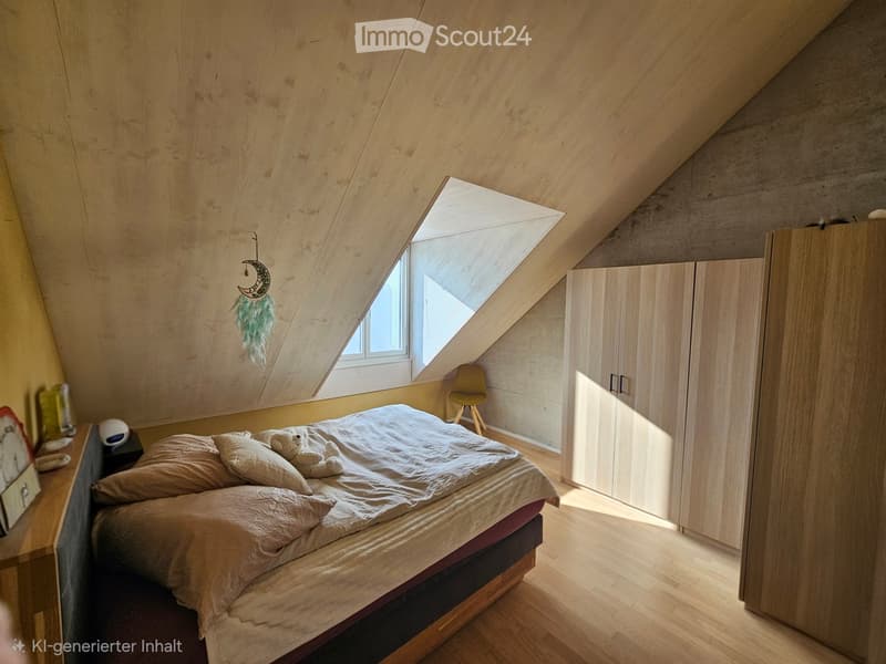 Cozy attic bedroom with slanted wooden ceilings, large triangular window, bed with pillows and blankets, nightstand, chair, and built-in wardrobe.