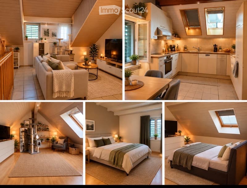 A modern, well-furnished attic apartment featuring a living room, kitchen, and bedroom. The living room includes a sofa, coffee table, TV, and decorative plants. The kitchen has white cabinets, stainless steel appliances, and a dining table. The bedroom s