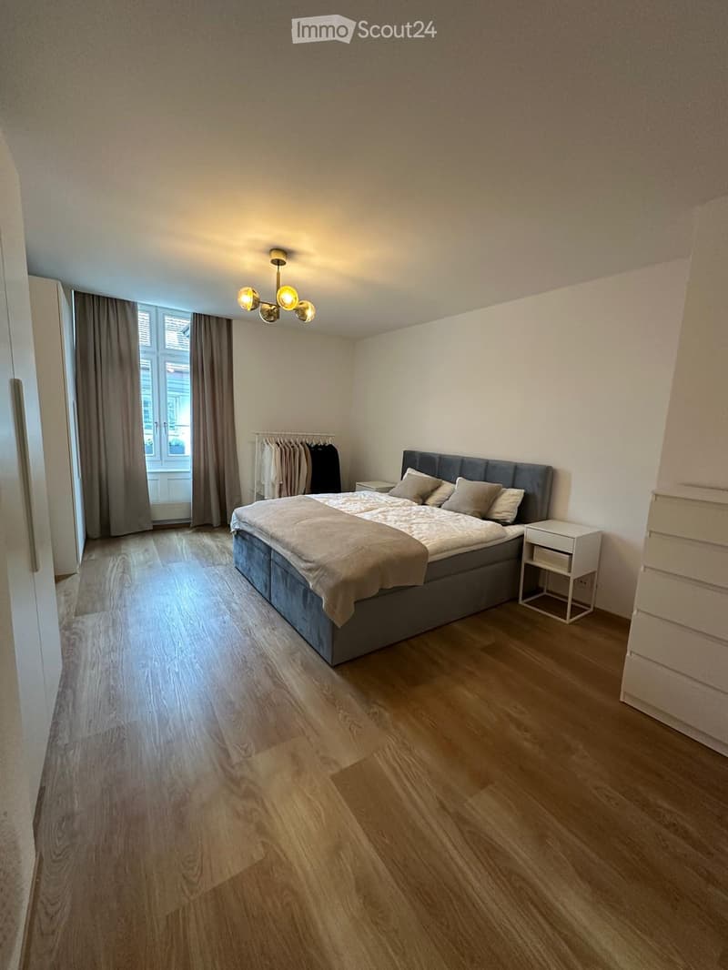 Modern bedroom with wooden flooring, a large bed with pillows and a blanket, a nightstand, a wardrobe, and a clothing rack with hanging clothes.