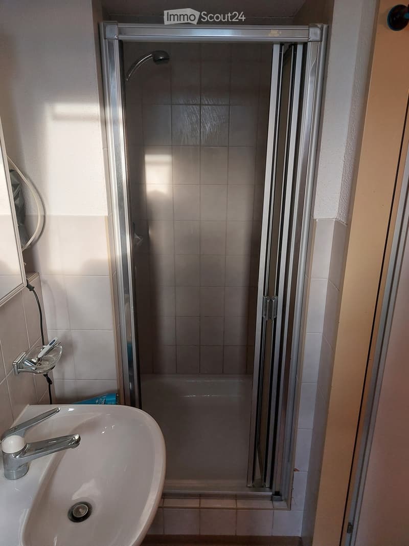 Modern bathroom with a white sink, chrome faucet, glass-enclosed shower, and a mirror on the wall.