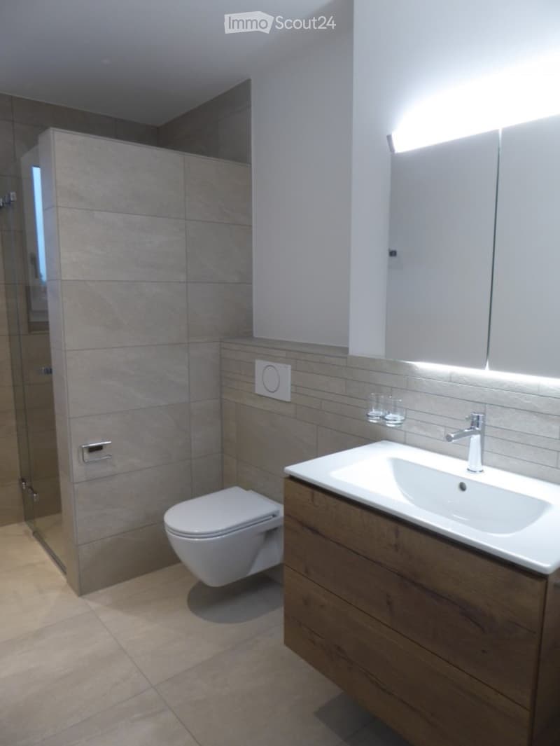 Modern bathroom with a white toilet, wooden vanity with a sink, and a large mirror above the sink. The shower area is enclosed with a glass door.