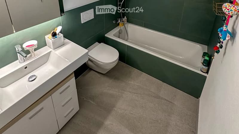 Modern bathroom with a white sink, toilet, bathtub, and a large mirror. The walls are green, and the floor is a light gray concrete. There is a small storage box on the sink and a few decorative items on the wall.