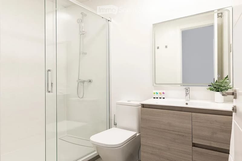 Modern bathroom with a glass-enclosed shower, a toilet, a sink with a mirror, and a small potted plant on the counter.