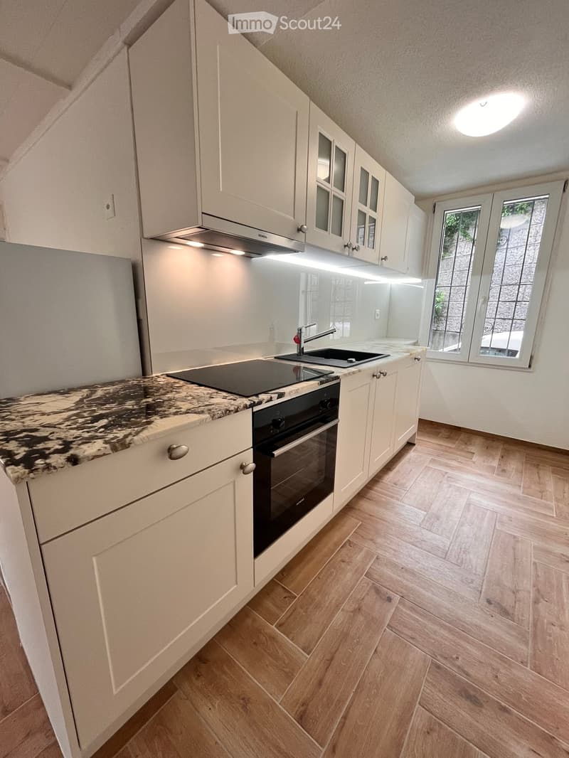 Modern kitchen with white cabinets, marble countertop, built-in oven, sink, and range hood. Wooden flooring and large windows provide natural light.