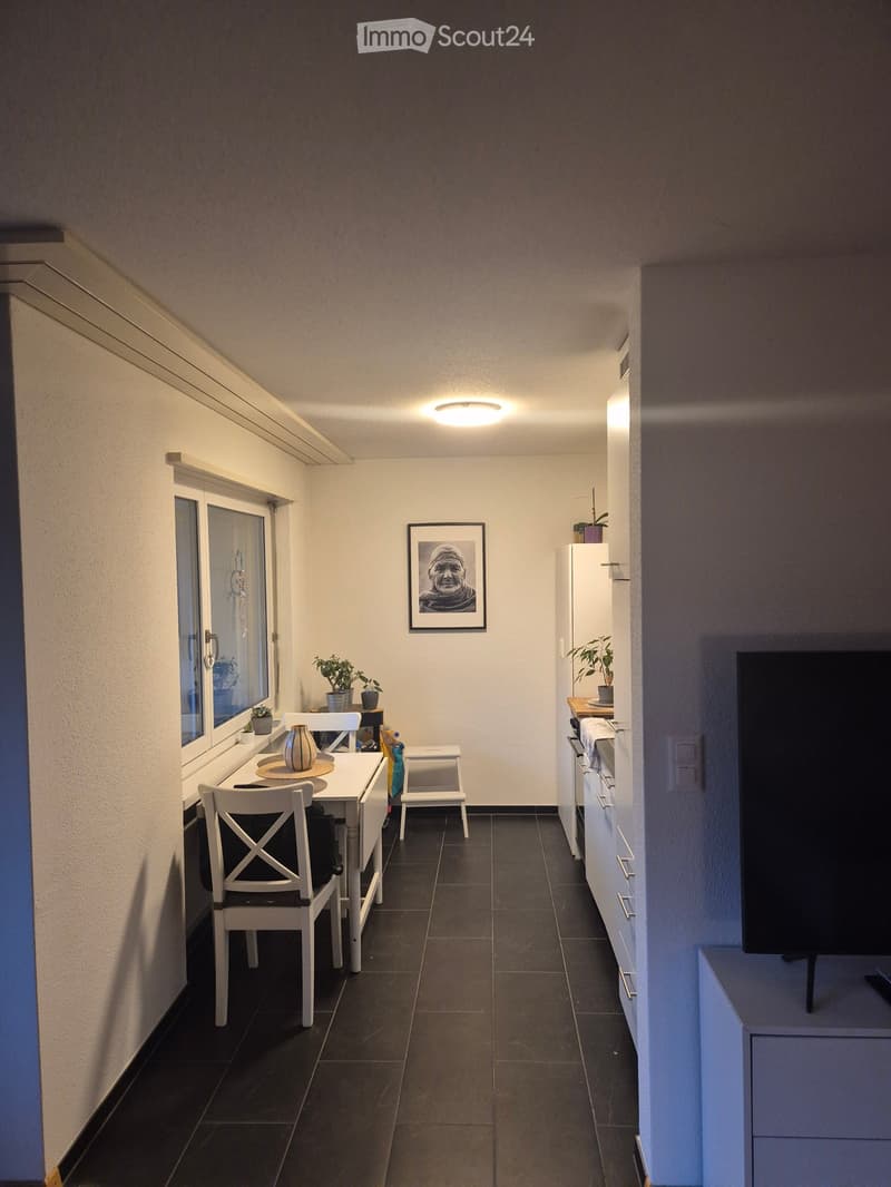 A modern, well-lit room with a dining area and kitchen area. The dining area features a white table with chairs, a vase, and a small plant. The kitchen area includes a refrigerator, oven, and a small plant on the counter. A television is visible on the ri