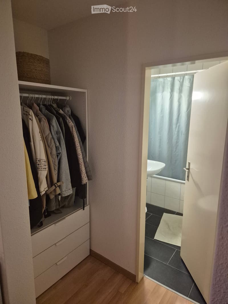 Bathroom with a bathtub, sink, and shower curtain visible through an open door. The adjacent closet contains hanging clothes and a storage basket on top.