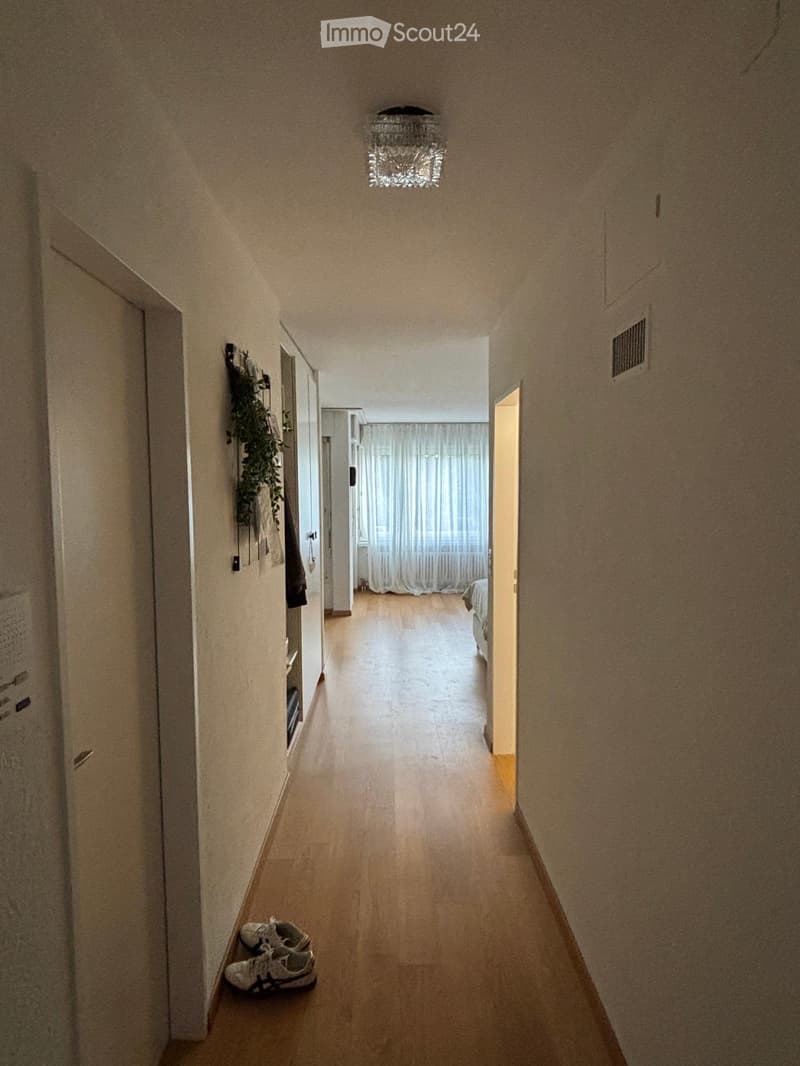 A narrow hallway with wooden flooring, beige walls, and a chandelier hanging from the ceiling. A pair of shoes is placed on the floor near the left wall, and a small plant is visible on a shelf. An open door at the end leads to a room with a bed and curta