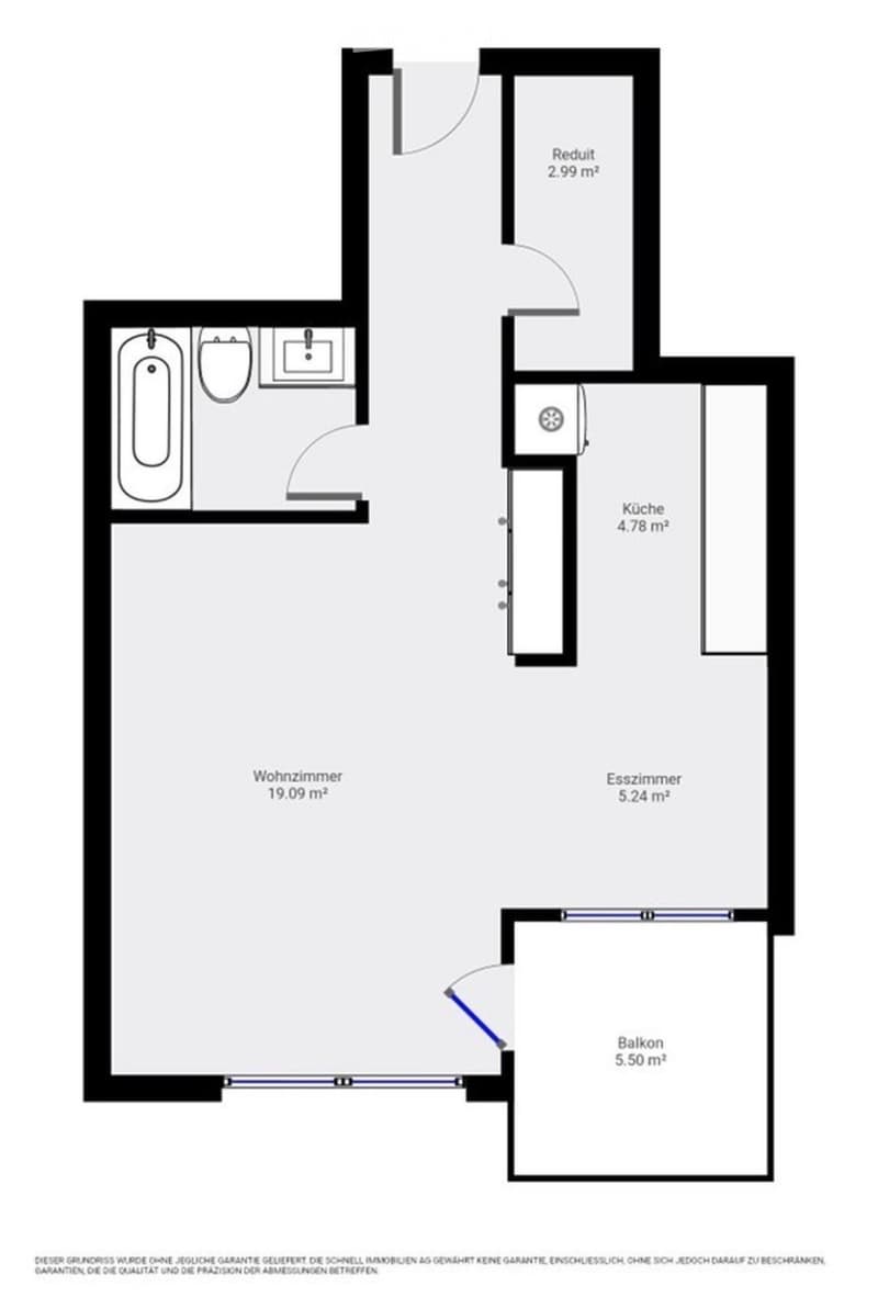 Floor plan of an apartment with a living room, dining room, kitchen, bathroom, hallway, and balcony.