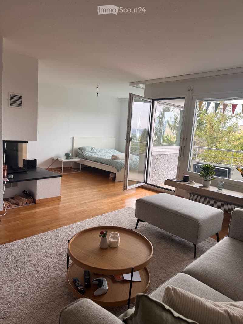 Modern living room with a sofa, ottoman, coffee table, and a bed in the corner. Large windows and a sliding glass door lead to a balcony. Includes a fireplace, nightstand, and decorative items.