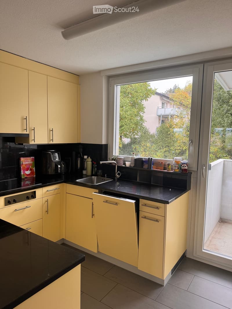 Modern kitchen with light yellow cabinets, black countertops, and stainless steel sink. Appliances and various kitchen items are visible on the counter.