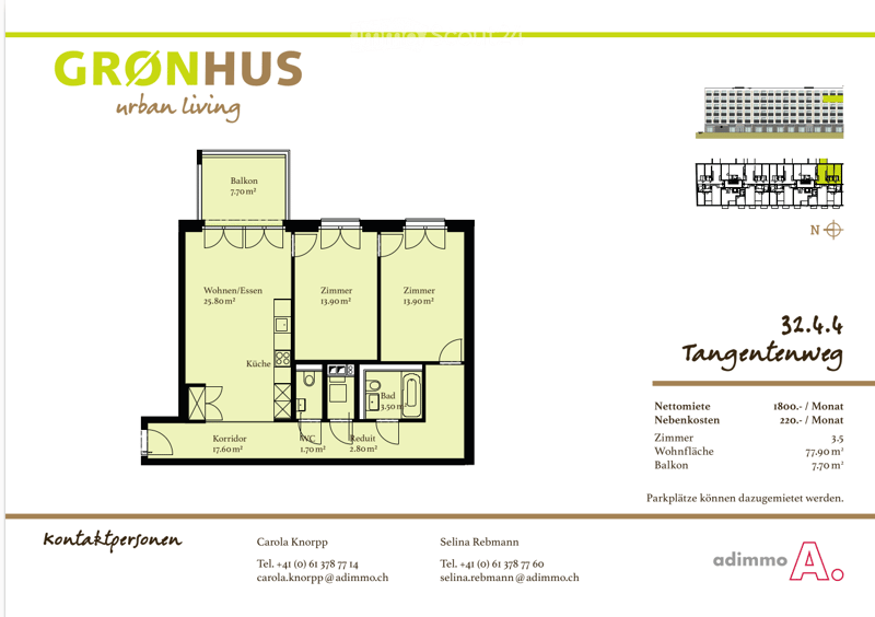 Floor plan of an apartment with living/dining area, kitchen, two bedrooms, bathroom, hallway, and balcony.