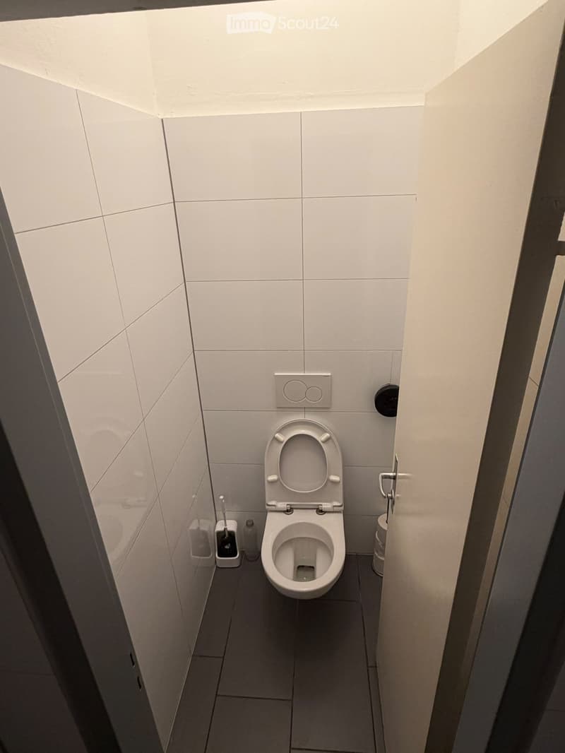 Modern bathroom with white tiled walls and floor, featuring a toilet, toilet paper holder, toilet brush, and trash bin.