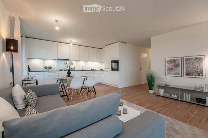 Modern, open-plan living and dining area with a grey sofa, coffee table, dining table with chairs, kitchen cabinets, and decorative items.