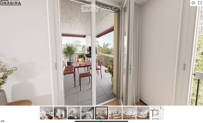 Balcony with a table, chairs, a stool, and a potted plant, featuring a retractable screen and a view of greenery.