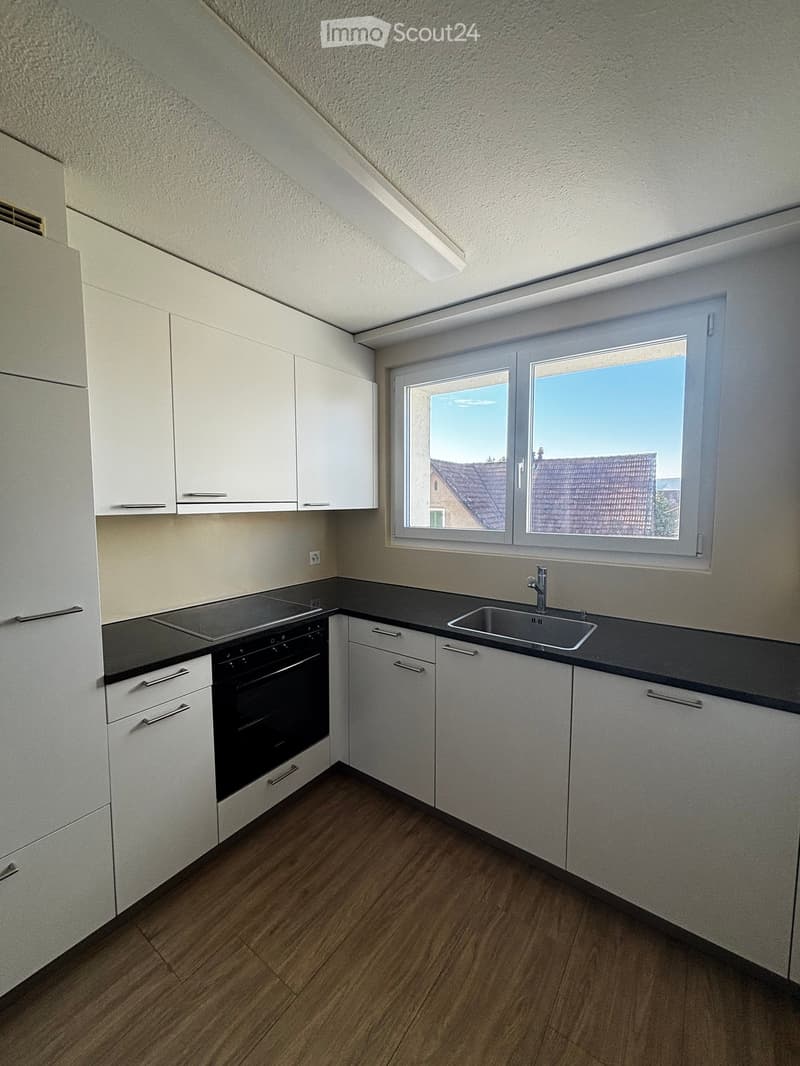 Modern kitchen with white cabinets, black countertops, a sink, and an oven. The room features wooden flooring and large windows offering a view of the roof.