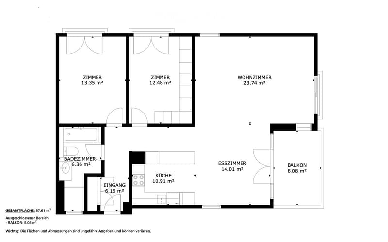 Floor plan of an apartment with a living room, dining room, kitchen, two bedrooms, and a bathroom. Includes a balcony.