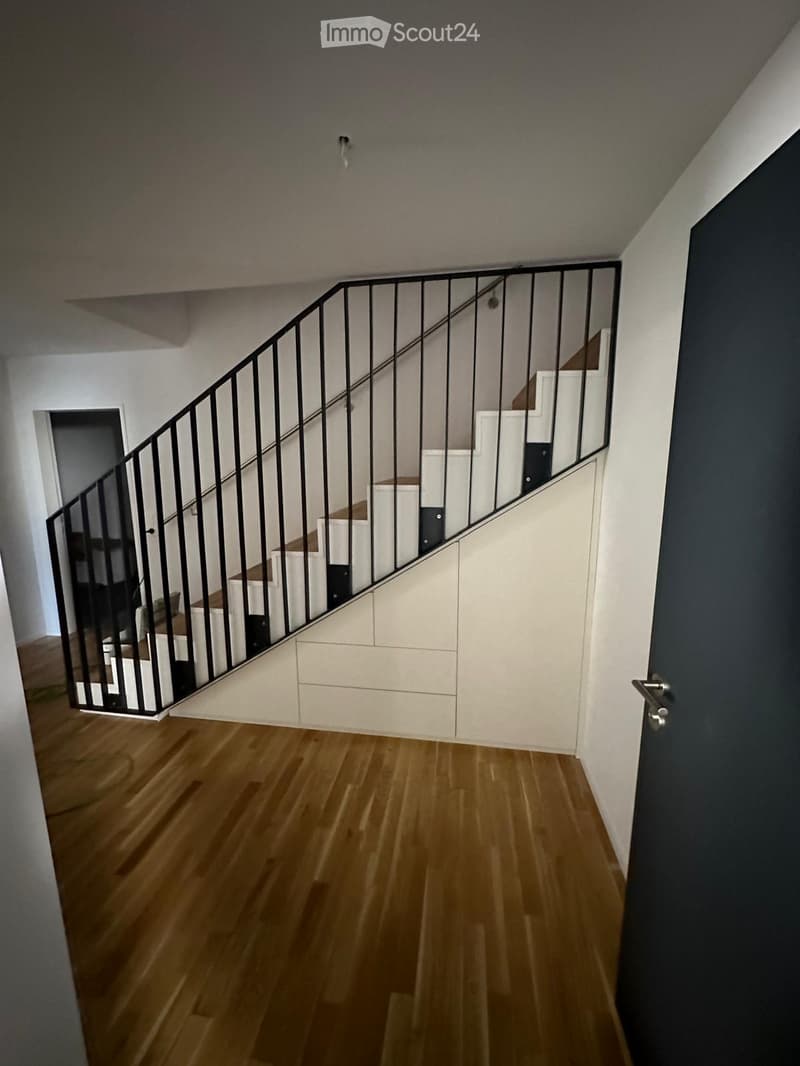 Modern hallway with wooden flooring, white walls, and a staircase with a black metal railing leading to an upper level.