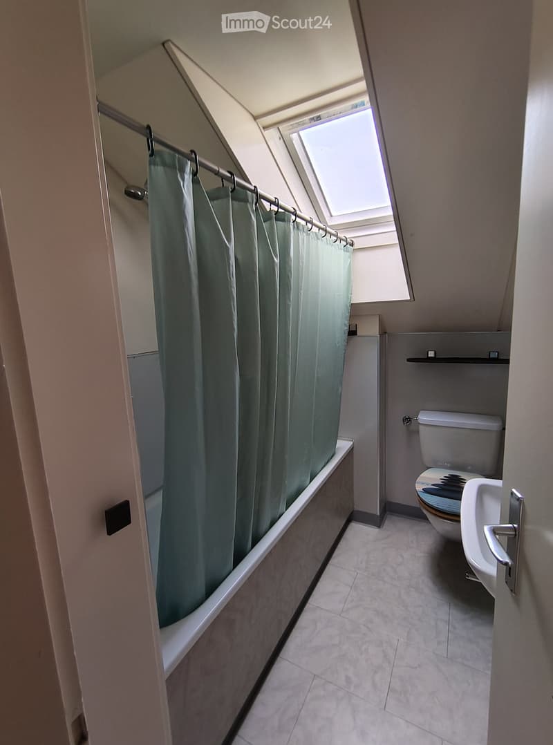 Compact bathroom with a toilet, sink, bathtub, and a shower curtain. Features a skylight window above the bathtub and tiled flooring.