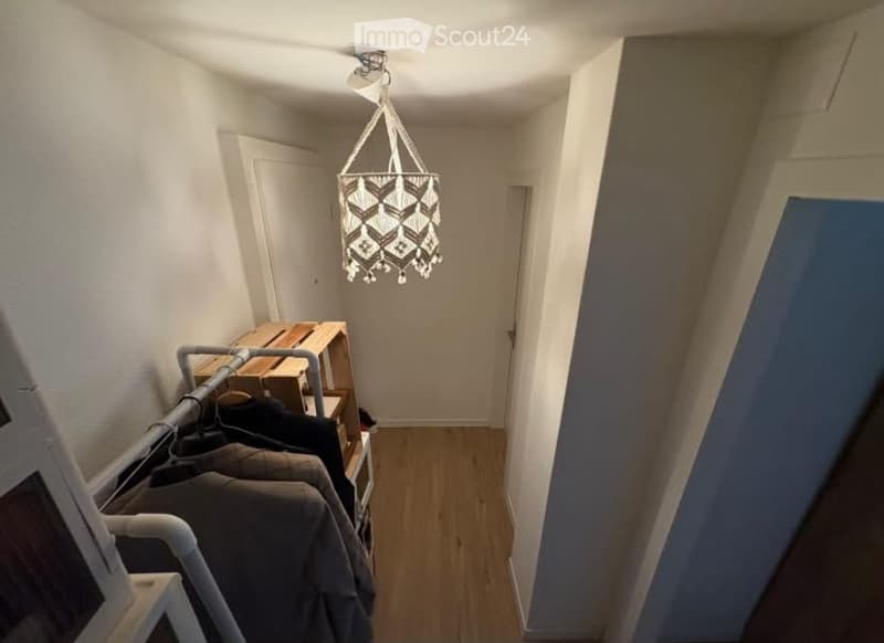 A narrow hallway with wooden flooring, white walls, and a decorative hanging light fixture. A clothing rack with several garments is visible on the left side.