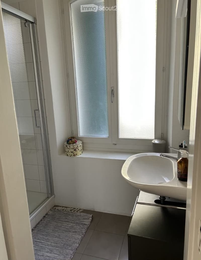 Modern bathroom with a white sink, glass shower enclosure, and a decorative box on the windowsill.